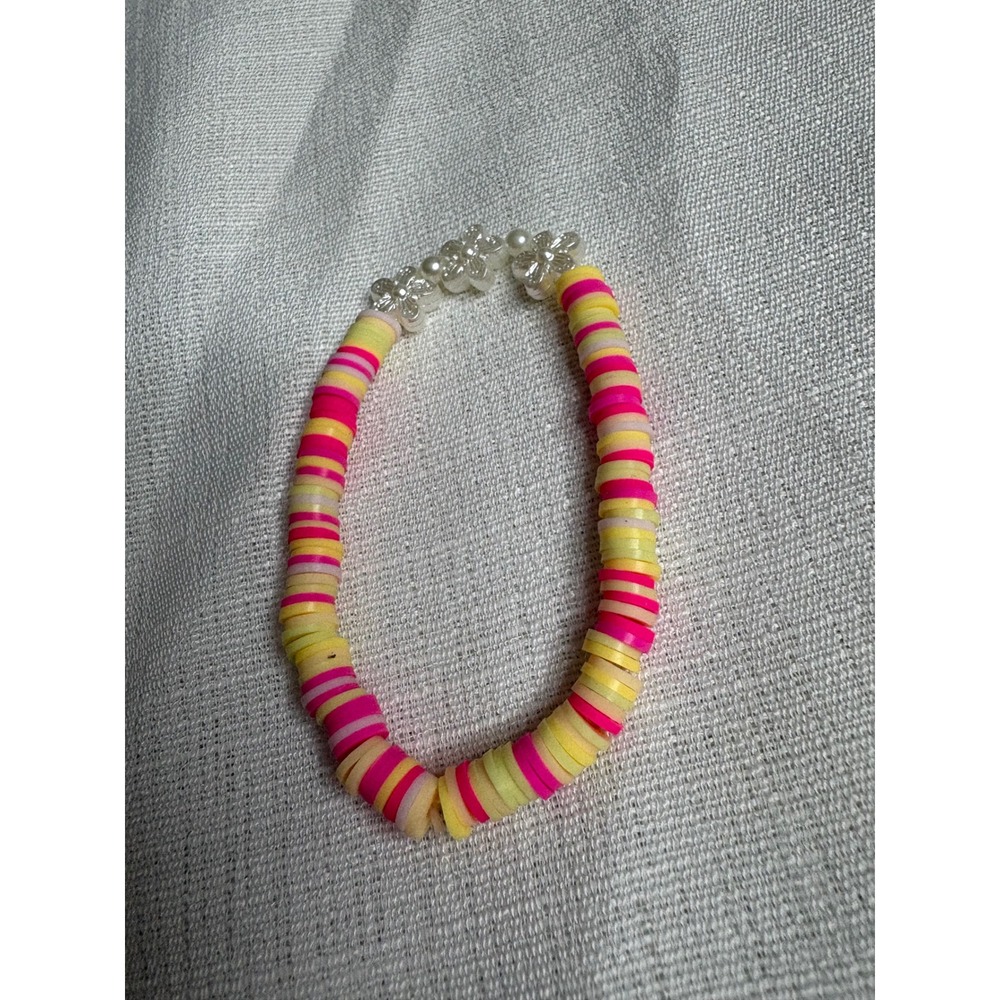 Handmade Heishi Bead Stretch Bracelet Pink Yellow Flower Charm Summer Boho